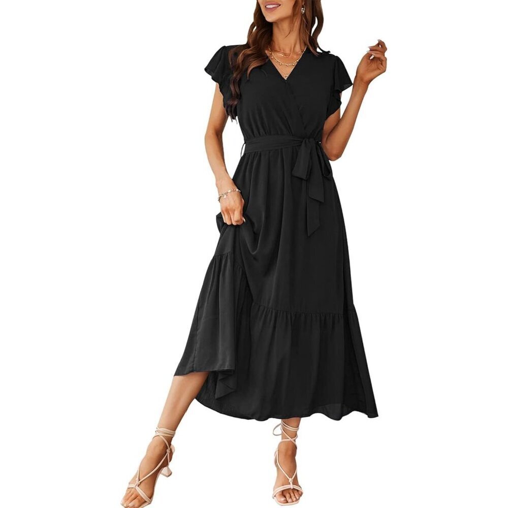 Women's Summer Boho Floral Maxi Dress V Neck Short Sleeve Ruffle Flowy